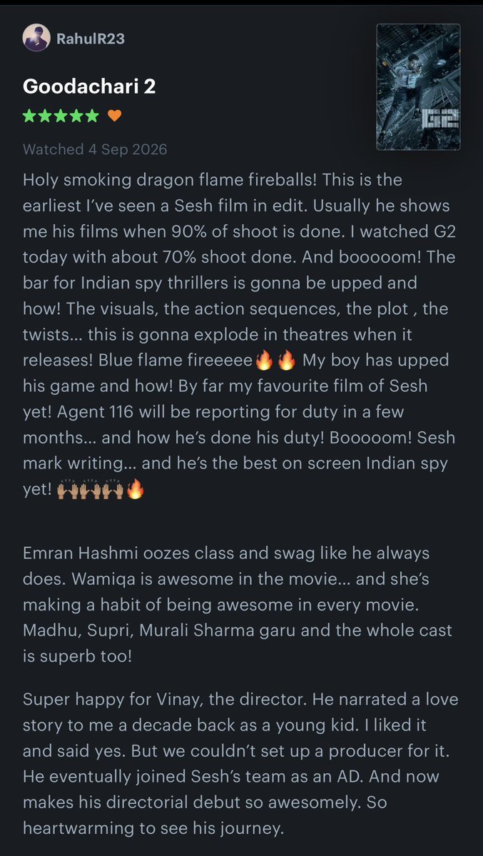 thetelugucinema's tweet photo. #RahulRavindran first review for #Goodachari2. #G2 is likely to arrive in this year end.

After #Dacoit flop, #AdiviSesh pinned his hopes on this much awaited spy sequel.

#WamiqaGabbi in key role &amp;  #EmraanHashmi as antagonist. https://t.co/TRHaFMJShz
