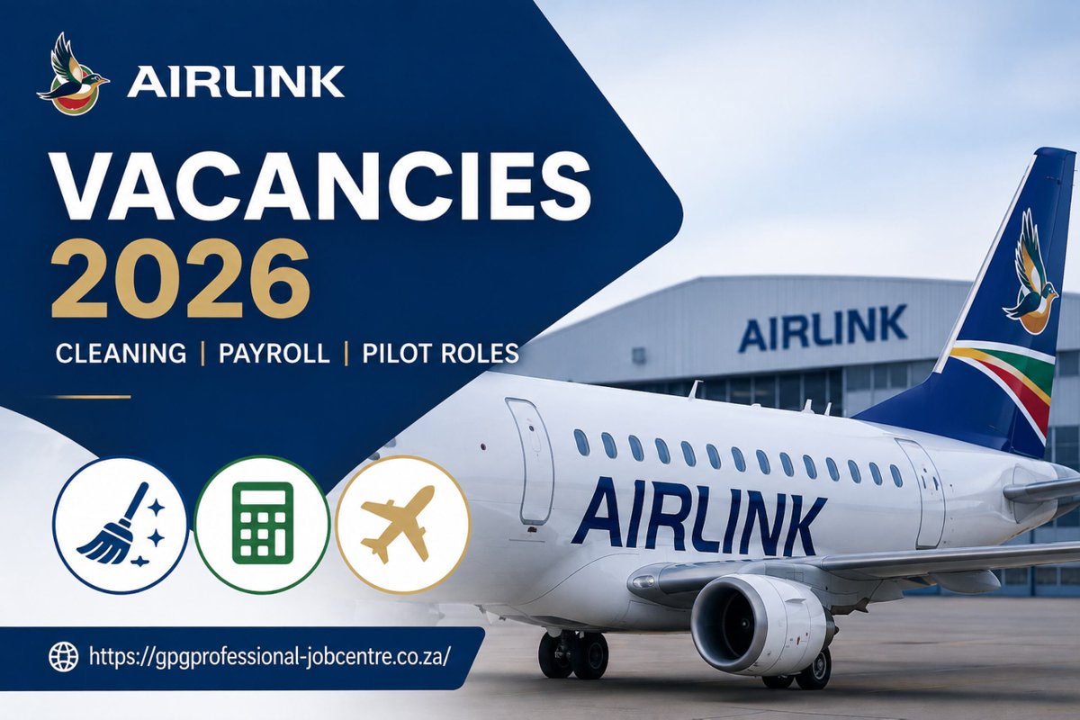 GPGVACANCIES's tweet photo. Airlink Vacancies 2026: Cleaning, Payroll &amp; Pilot roles in Johannesburg and Cape Town.

Salaries vary by role
Payroll Officer closes 7 Sept
Other roles expire 31 Dec 2026

Details: https://t.co/3KkWwUL7h5

#AirlinkJobs #AviationJobs #SouthAfricaJobs https://t.co/3TWQhg5PUB