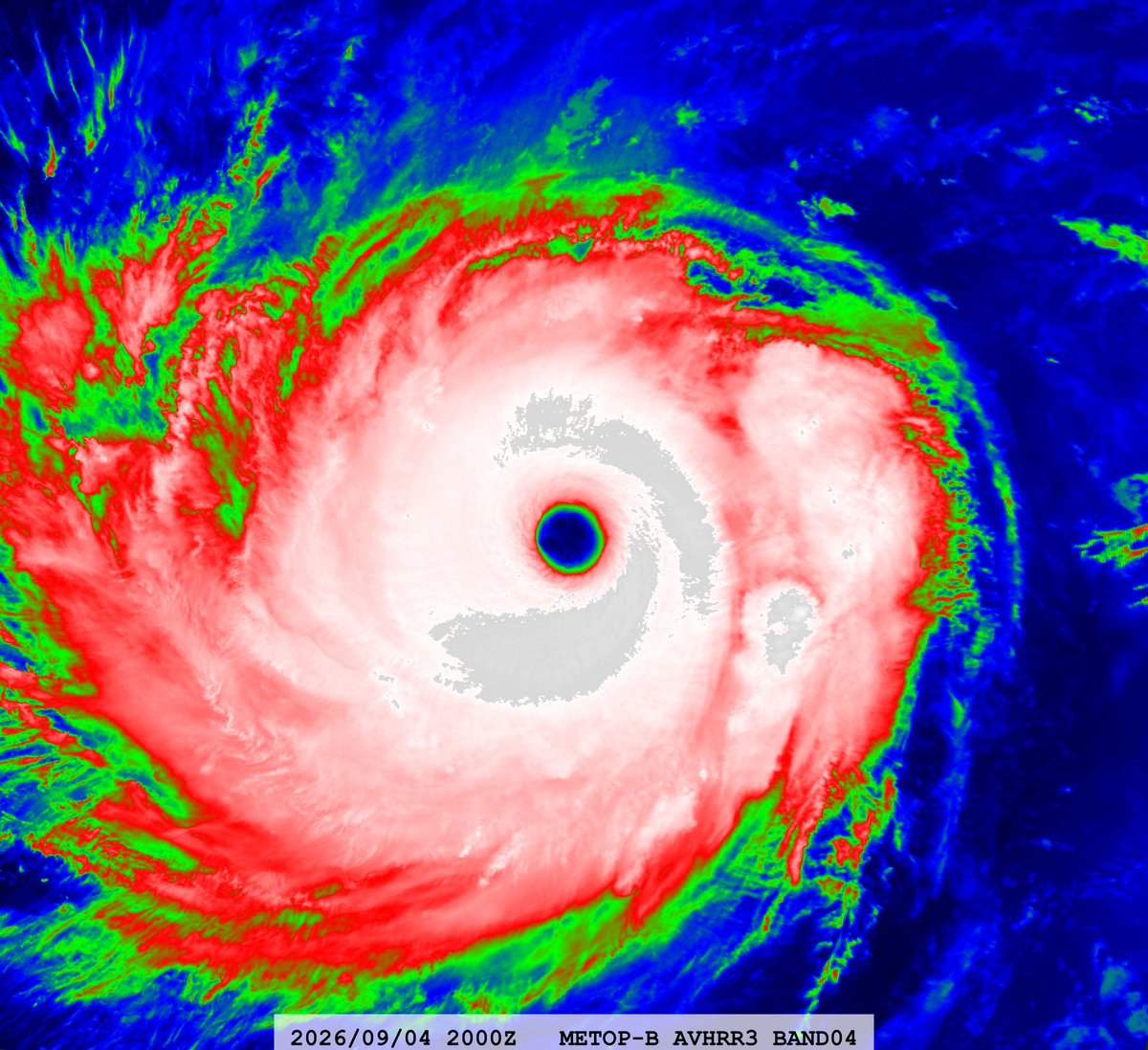 zeb199818's tweet photo. #12E Hurricane #LOWELL
Satellite: #METOPB #AVHRR3
Channel : B04 (10.8 µm) 1.1 km
Time : 2026/09/04 2000Z
Eye Temp : 22.066 °C
Data Source : #EUMETSAT Data Store L1B
CPA : ~380 km https://t.co/TzFfAKMInH