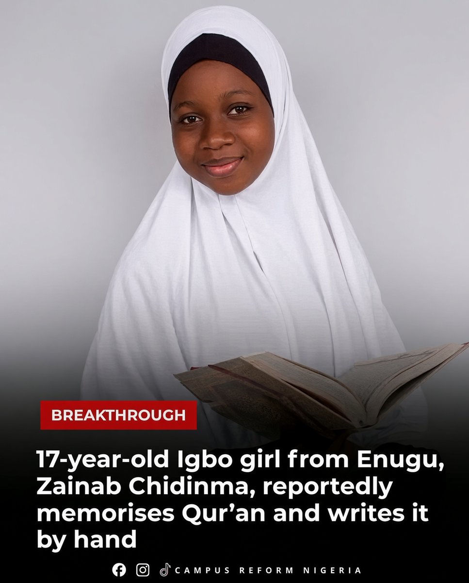gumseewadaa's tweet photo. A 17-year-old Igbo girl in Enugu memorized the Qur'an and writes it by hand, proof that Islam belongs to every tribe, every tongue, every corner of this land.
No language, no ethnicity is a barrier to knowledge and iman. May Allah increase her, and every Igbo Muslim striving in deen. Ameen 🤲🏾🤲🏾