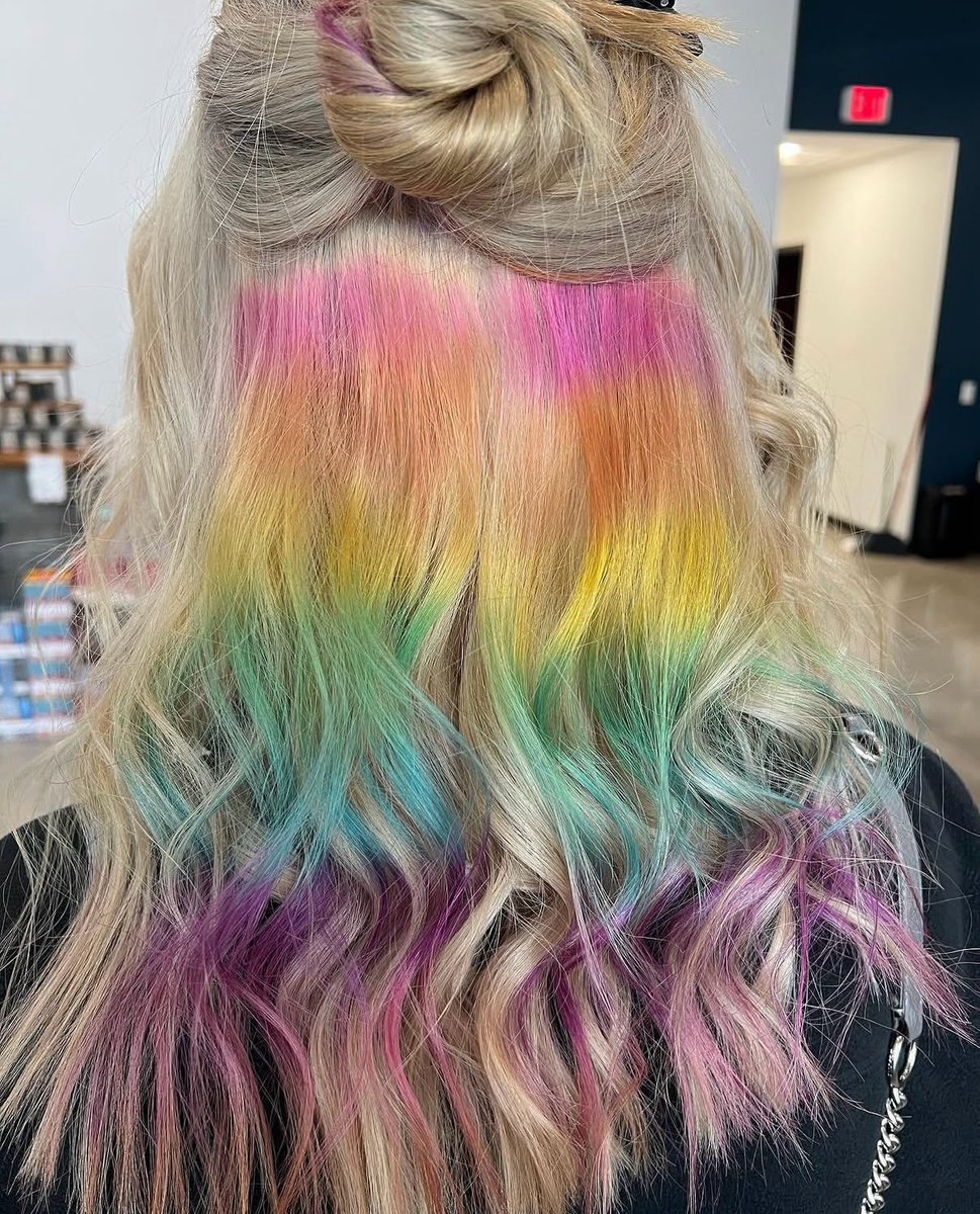 BarneyAvonshy's tweet photo. Hidden rainbow hair: fun when she wants it, corporate-approved when she doesn’t. Pull up the top layer to reveal the color, or wear it down for everyday style. Hair by Cassie @thehairladyinug https://t.co/oH8V6V98pm