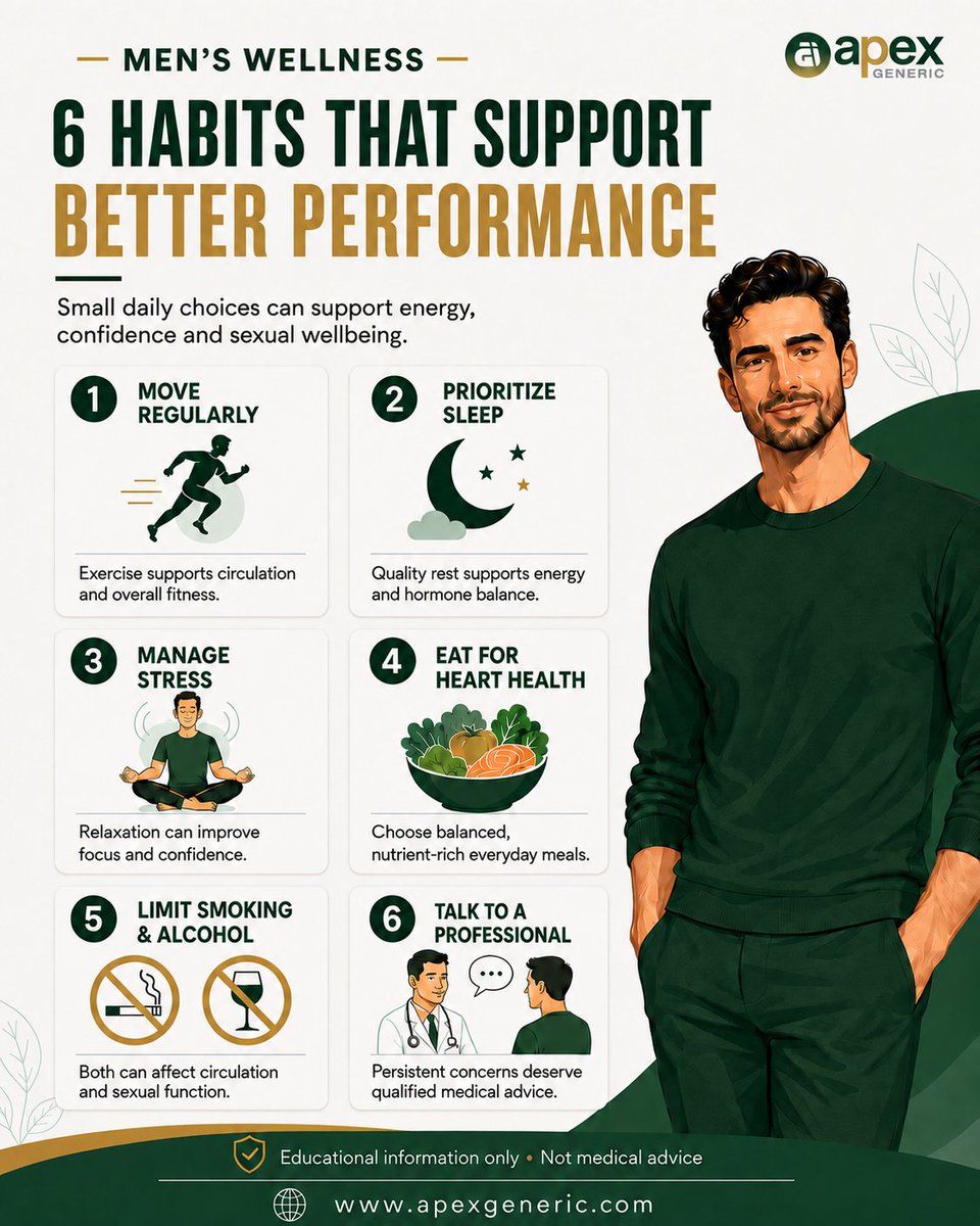 apexgeneric's tweet photo. Small habits can make a big difference 💪 Prioritize movement, quality sleep, balanced nutrition and stress management to support better energy, confidence and overall men’s wellness.
#MensWellness #MensHealth #HealthyHabits #BetterPerformance #SelfCareForMen #ApexGeneric https://t.co/Io8L9pEGCU