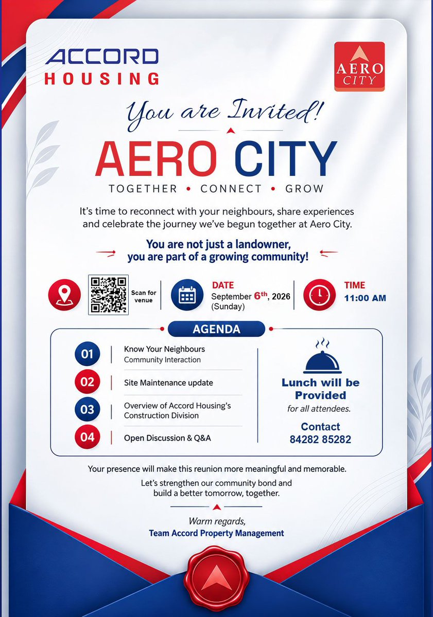 ACCORD_HOUSING's tweet photo. 🤝 Together. Connect. Grow.
A special community gathering for Aero City landowners! Join Accord Housing on September 6th, 2026, for community interaction, project updates, Q&amp;A and more.

📞 90 9277 3738
🌐 https://t.co/AirydZog3x

#AccordHousing #AeroCity #Oragadam #Chennai https://t.co/LDfpixj2me