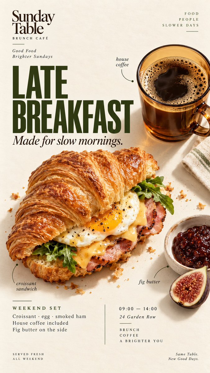 MrLarus's tweet photo. 🤯 Food can shape the whole poster layout!

From diagonal type and flat-lay annotations to circular layouts and oversized headlines, each poster builds around the food itself.

1. Burnt Vanilla, diagonal split
2. Late Breakfast, annotated flat lay
3. Lemon Tart, circular typography
4. Cinnamon Roll, oversized type

🌟 Great for cafés, bakeries, menus, food branding and social posters!

Prompts below 👇