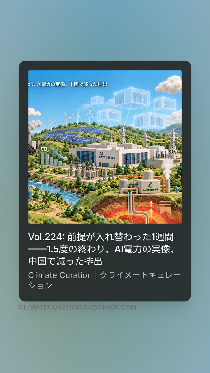 SocialCompany's tweet photo. 📬 #ClimateCuration Vol.224を配信しました。

国連は1.5度目標の達成を断念し、テキサス州ではデータセンターの接続申請が実需の10倍に膨らみました。その中で中国だけが、排出量の実際の減少という数字を示しています。

今週の10本はこちらから👇
https://t.co/RDiQ1ylJzn https://t.co/iIryZldF59