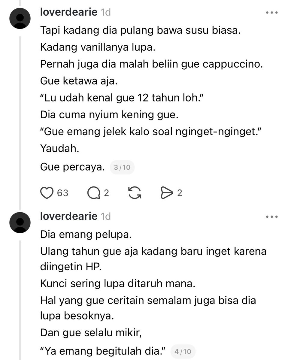 taurosze's tweet photo. sumpah, aku bacanya ikutan sakit hati 🥺

 bikin sakit dari thread ini bukan soal selingkuhnya. Tapi soal dia hafal ukuran cincin orang lain, sementara pesanan kopi lo aja dia lupa tiap minggu.

Otak kita emang nyimpen detail buat hal yang kita anggap penting. Titik.

Menurut kalian, “gampang lupa” itu emang sifat, atau cuma alesan?