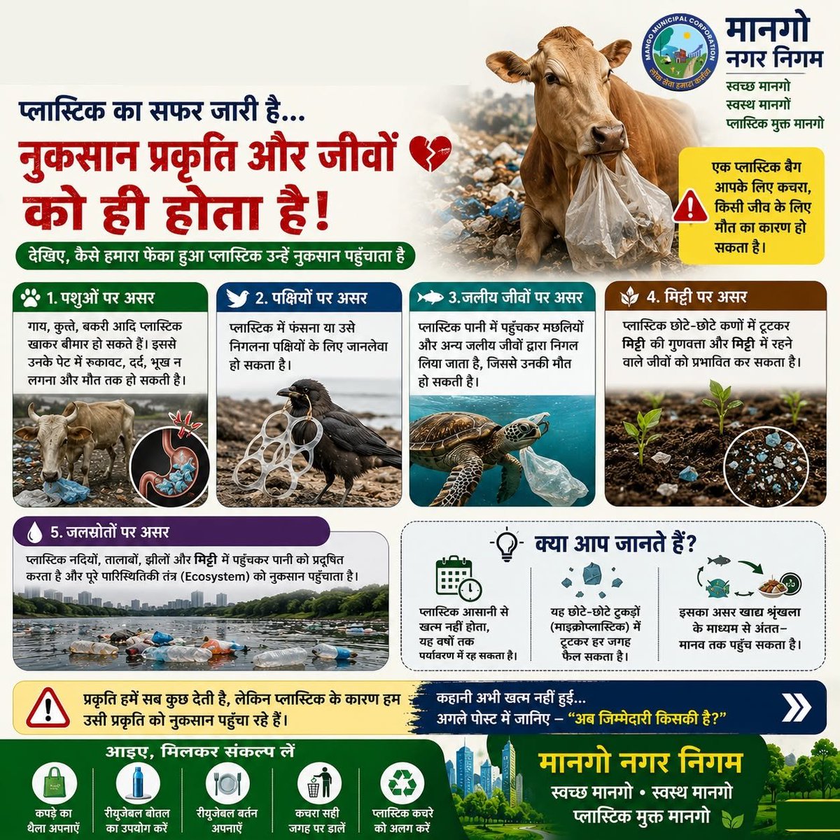 MangoNotified's tweet photo. सिंगल-यूज़ प्लास्टिक: कुछ मिनट की सुविधा, लंबे समय का नुकसान!
क्या आपने कभी सोचा है कि इस्तेमाल के बाद फेंका गया प्लास्टिक आखिर जाता कहाँ है? 
@SwachhBharatGov 
@SwachhJharkhand 
@kumarsudivya 
@SudhaGuptajsr https://t.co/NGnX6wDiLu