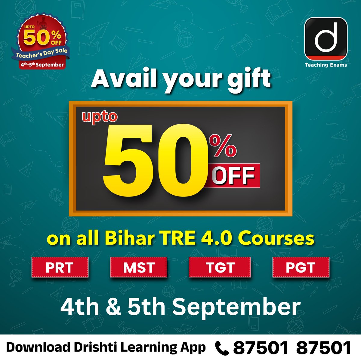Drishtiteaching's tweet photo. Teacher's Day Special Offer!
Offer valid till today.
Click to claim: https://t.co/GYBKAKb2DP
For more details: 87501 87501
Download Drishti Learning App
#TeachersDay #Sale #Offers #UGCNET #Surprise https://t.co/rbNyHTvyho