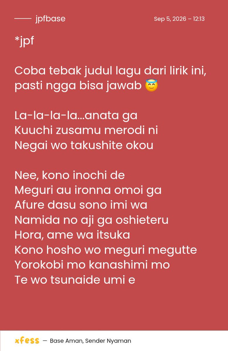 JPFBASE's tweet photo. *jpf

Coba tebak judul lagu dari lirik ini, pasti ngga tau😇 https://t.co/AVPe1SWTQv
