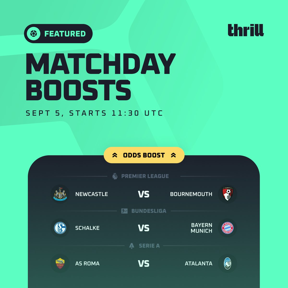 Thrill_com's tweet photo. 🌦️ Looks like a heavy goal forecast this Saturday... ⚽️

It looks like a high-scoring weekend across Europe, but which featured MATCH will see the earliest opening goal?

💰 $10 × 10 random winners with the correct pick.

Reply with the match + your Thrill username 👇
Entries close at 11:30 UTC.
