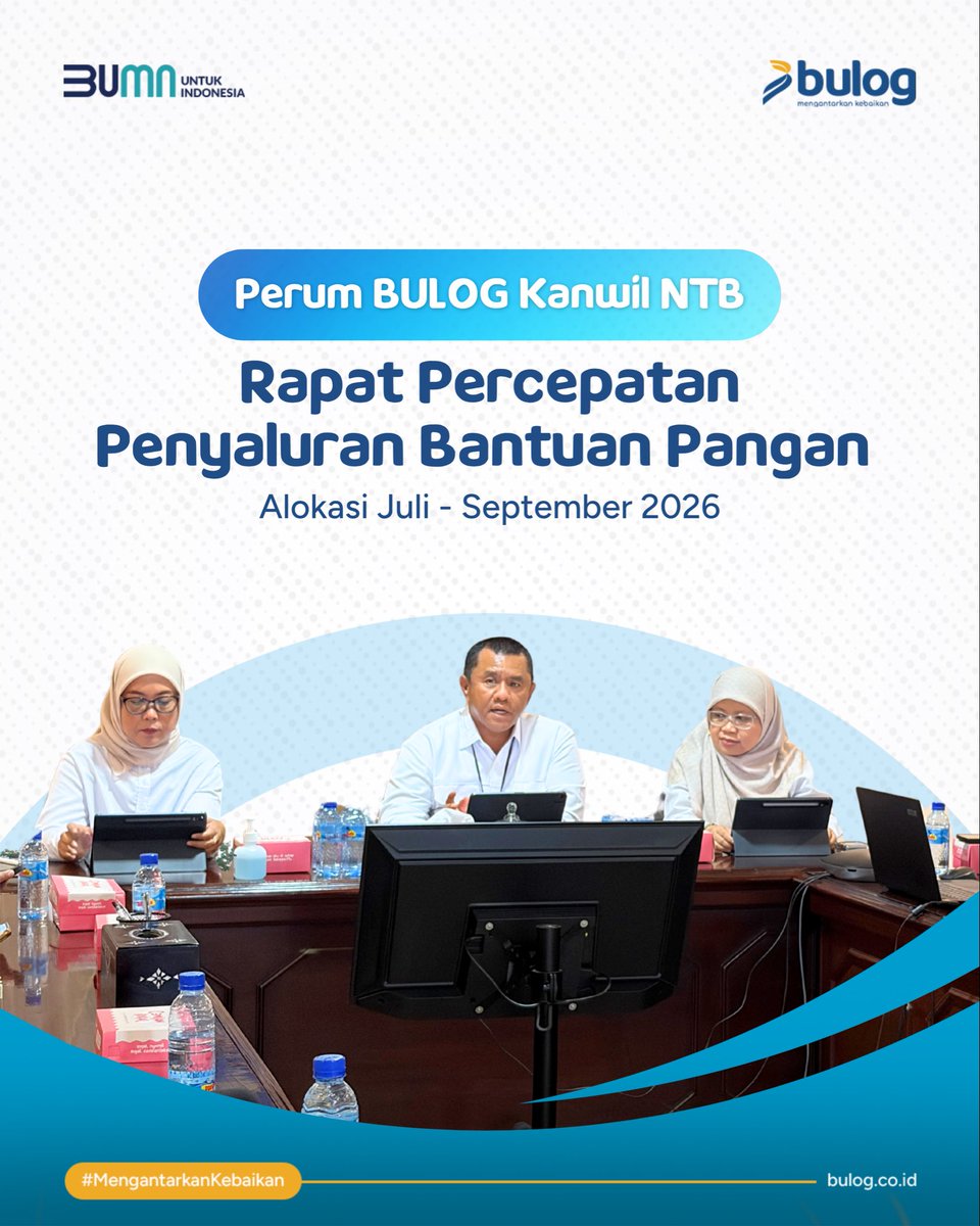 bulog_ntb's tweet photo. Perum BULOG Kanwil NTB melaksanakan rapat percepatan penyaluran Bantuan Pangan (Banpang) alokasi Juli–September 2026 sebagai upaya memastikan penyaluran bantuan kepada masyarakat dapat berjalan tepat waktu, tepat sasaran, dan sesuai dengan ketentuan yang berlaku.

#perumbulog https://t.co/Zi97uwZ7xq