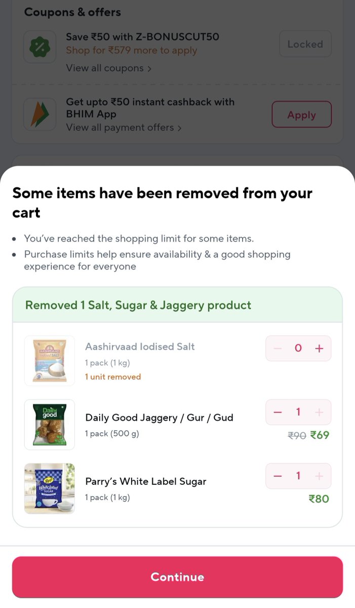 Nisith_Jha's tweet photo. @zeptocares Hi Team,
I am not able to add sugar, salt and jaggery together at a time in cart.
These are three different items then why put restrictions on limit? https://t.co/BkP8wkjYdN