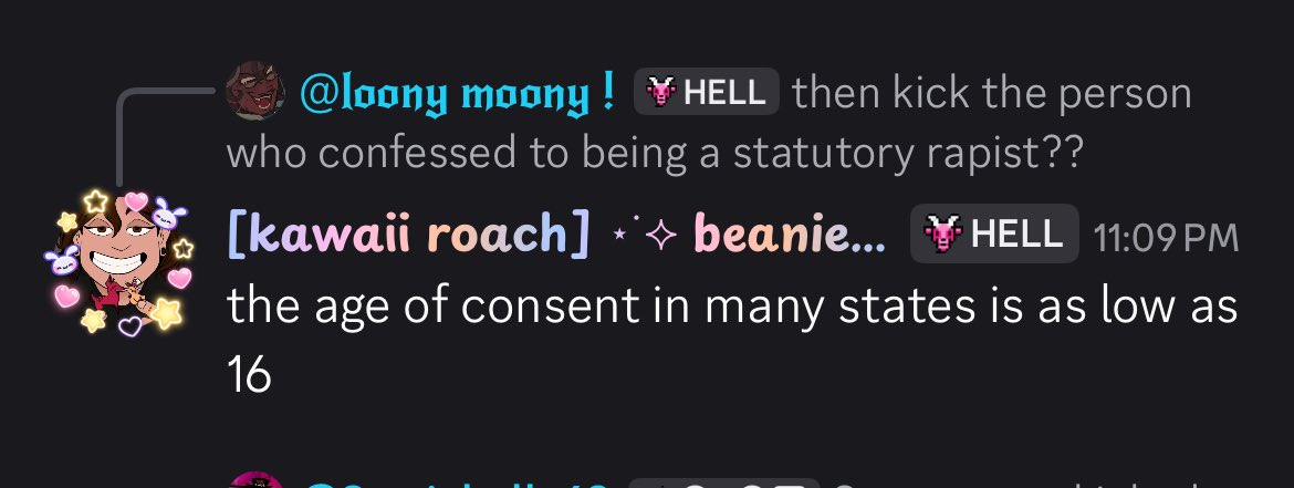 ling_layla78408's tweet photo. Hazpin-Hotel moderators defending statutory rape on their discord for anyone who isn’t in the server. #hazbinhotel #hazpinhotel #discord #fandom https://t.co/iQ6fhFLUjY