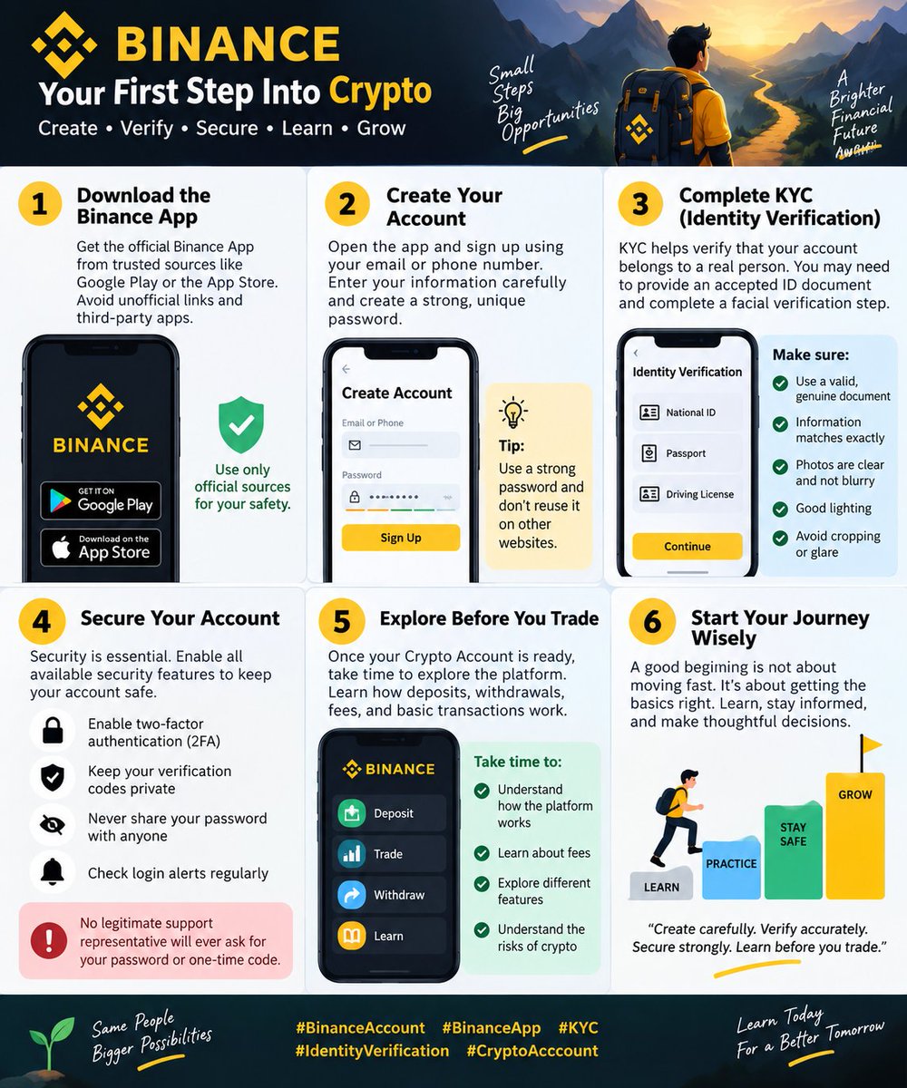 JACKSON_LIAM99's tweet photo. Binance Account: Your First Step Into Crypto

Setting up a Binance Account doesn’t have to feel like a maze. For a beginner, the real goal isn’t simply creating an account—it’s understanding what happens at each stage and making sure everything is done correctly.

Start with the official Binance App, create your account, and take your time while entering your personal information. Accuracy matters, especially when you reach the KYC stage.

KYC (Identity Verification) is where the platform verifies your identity. You may need to provide an accepted identification document and complete additional verification steps. Use genuine, valid documents and make sure the information you provide matches them. Clear photos, good lighting, and avoiding cropped or blurry documents can help prevent unnecessary delays.

Then comes the part beginners sometimes overlook: security.

Use a strong password that you don’t reuse elsewhere. Turn on available two-factor authentication and keep your verification codes private. No legitimate support representative should need your password or one-time security code.

Most importantly, don’t rush into trading just because your Crypto Account is ready. Explore the platform first. Learn how deposits, withdrawals, fees, and basic crypto transactions work. Cryptocurrency involves real financial risk, so understanding what you’re doing is far more valuable than simply getting started quickly.

A good beginning is not about moving fast. It’s about getting the basics right.
https://t.co/8p9teqNLhB

Create carefully. Verify accurately. Secure strongly. Learn before you trade.

#Binance #BinanceAcademy 
#LearnWithBinance