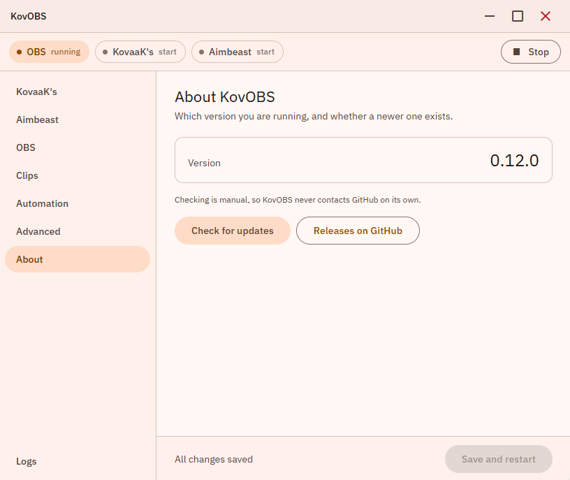 Bassel_Bakr's tweet photo. KovOBS v0.14.0 released 🎯 

Everything since v0.11.6:
• Rebuilt UI, grouped per game
• First-run setup
• Logs with filters, timestamps and copy
• 2 themes
• Notifications
• Update checker
https://t.co/wnOaTRZbjJ https://t.co/ydsbBUuedM