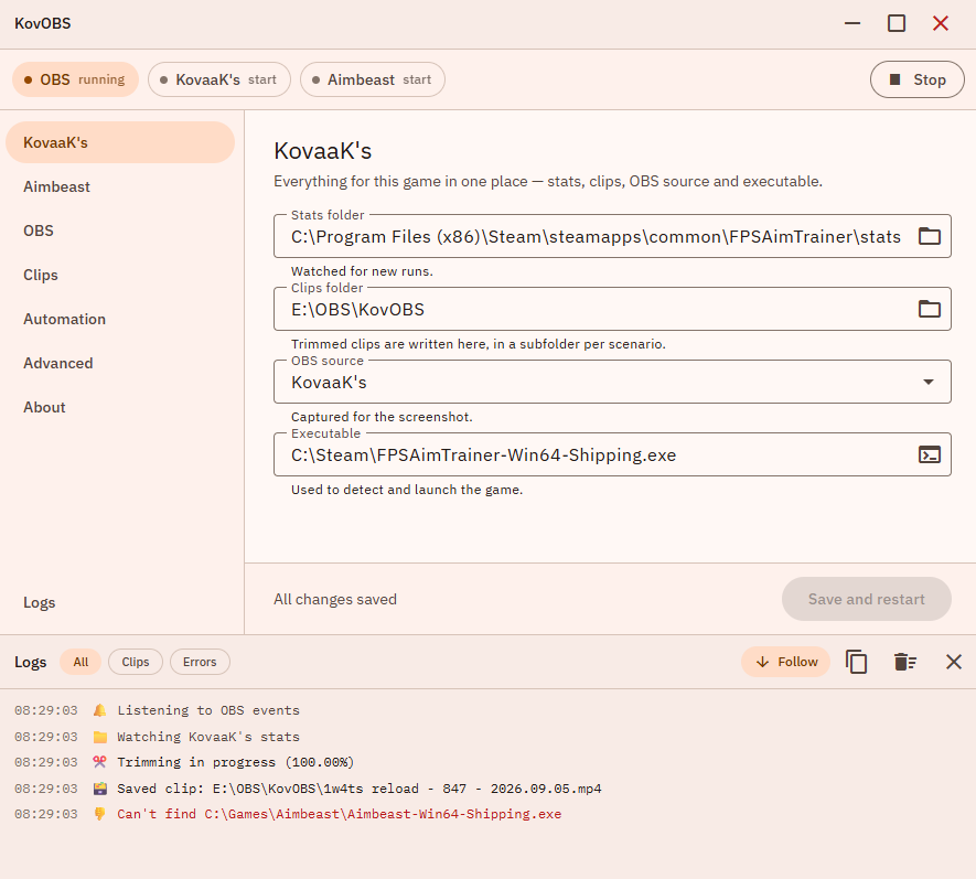 Bassel_Bakr's tweet photo. KovOBS v0.14.0 released 🎯 

Everything since v0.11.6:
• Rebuilt UI, grouped per game
• First-run setup
• Logs with filters, timestamps and copy
• 2 themes
• Notifications
• Update checker
https://t.co/wnOaTRZbjJ https://t.co/ydsbBUuedM