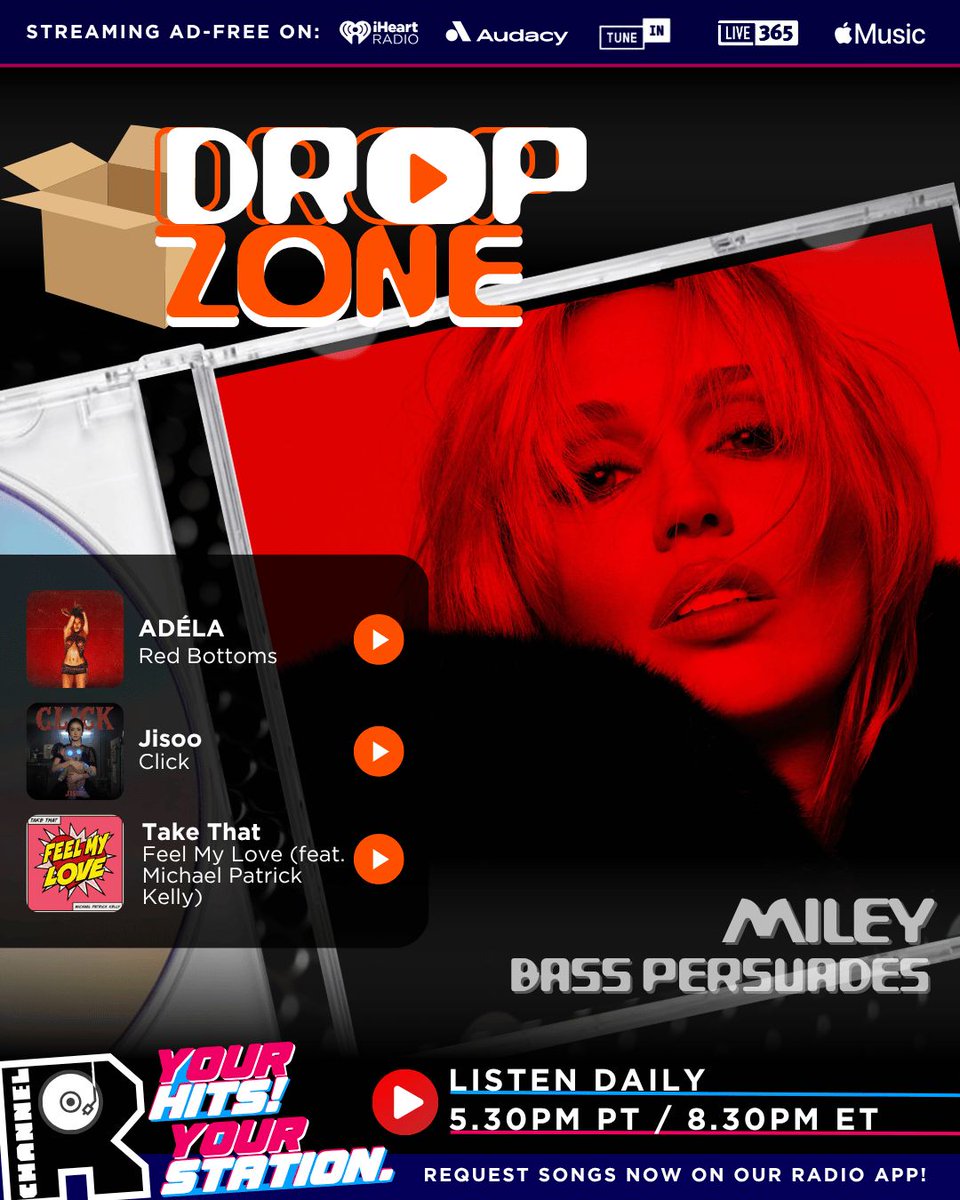 channelrradio's tweet photo. 🔥 Fresh drops, fresh vibes! #NewMusicFriday on #ChannelRDropZone!

🚀Featuring new beats from ADÉLA, Jisoo, MILEY &amp; Take That &amp; more!

🎧Catch it daily 5.30pm PT/8.30pm ET! Listen here: https://t.co/QCkoYU1QB1 https://t.co/3IsNIyay6r