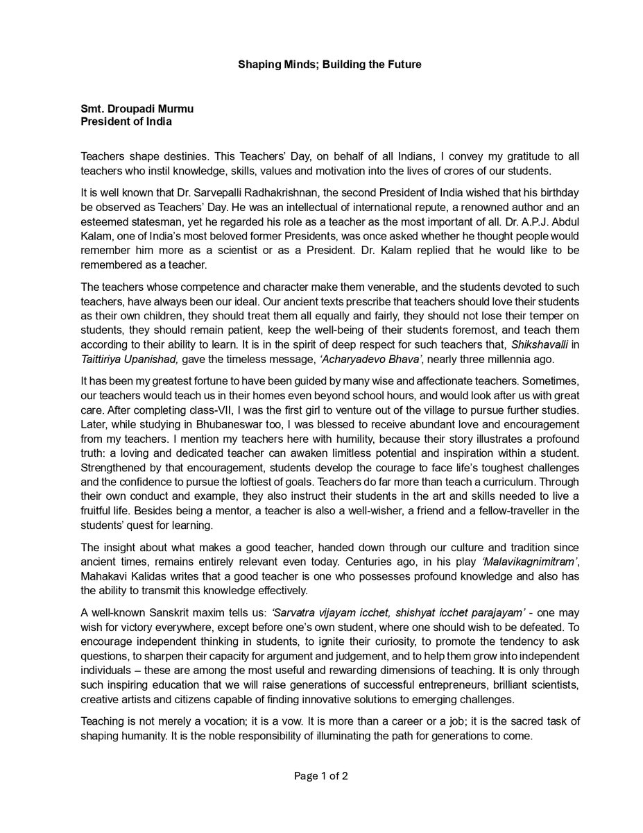 rashtrapatibhvn's tweet photo. “Parents and guardians .. believe that the teachers will treat the children as their own and take utmost care of the child’s safety and development. It is the dharma of every teacher to uphold this sacred trust placed in them.” — President Droupadi Murmu writes an article on the occasion of Teachers’ Day.  https://t.co/Hi5UzRofU4