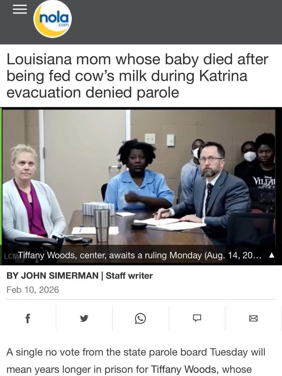hell_line0's tweet photo. So this woman fed her baby 🍼regular milk… during a tiny natural disaster called Hurricane Katrina after she ran out of baby formula. She has ALREADY SERVED 18 years in prison for it and was JUST DENIED PAROLE. When you’re brown in America… context does not matter… there is no compassion for circumstances…