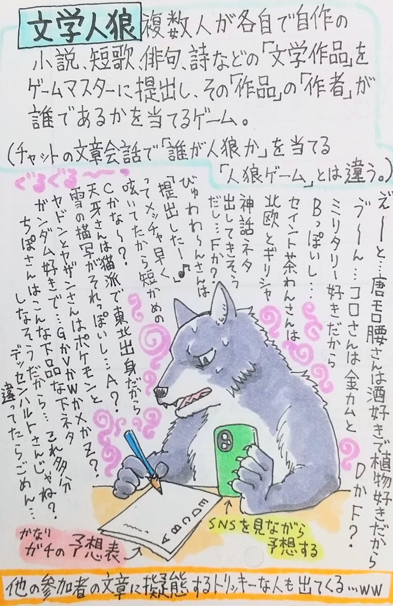 enorigenn's tweet photo. #小説 #短歌
みんな！SNSで #俳句人狼 #短歌人狼 #小説人狼 やろうよ🐺

➀規定の題材で各自文章書いてゲームマスターに送信
➁集めた作品を作者名を伏せ公開
➂各自SNS等を参考に誰がどの作品を書いたか推理する(わざとブラフ立てたりするw)
➃時間が来たら正解発表🎊

個性出るなぁ…☺️って体感するw https://t.co/IQksInp3V6