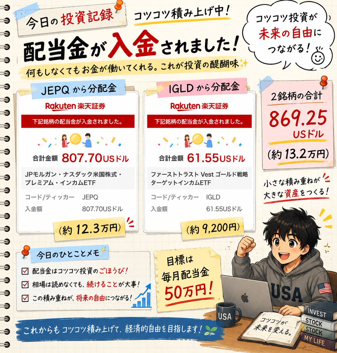 YuruUSIncome's tweet photo. 最近は何も動かずstay状態😅

配当金が入金されました💰✨

JEPQ：807.70ドル
IGLD：61.55ドル

合計 869.25ドル🔥
日本円で約13.2万円！

何もしなくても入ってくる配当金は、
やっぱり嬉しい。笑

目標は毎月配当50万円💪
まだまだコツコツ積み上げます📈🇺🇸

#米国株 #配当金 #投資 #JEPQ #IGLD https://t.co/5KDbPJqy47
