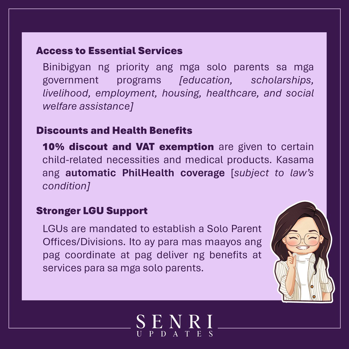 SenRiUpdates's tweet photo. #BatasNiSenRI
RA 11861 or Expanded Solo Parents Welfare Act
This law was authored by Sen Risa, and it lapsed into law on June 4, 2022. https://t.co/spsXzBBnol