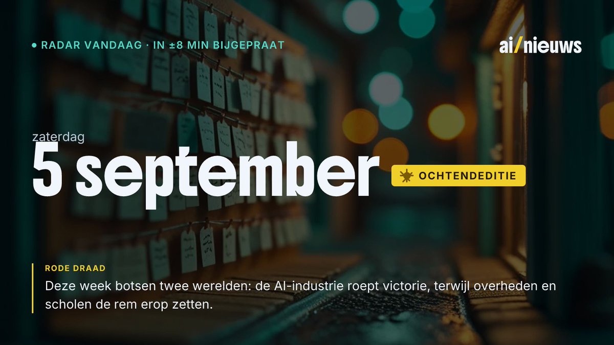 AInieuwsNL's tweet photo. π‘ AI-radar Nederland Β· 5 september Β· π
Ochtend
OpenAI roept het tijdperk van superintelligentie uit β en niemand weet precies wat dat betekent. Plus 4 andere koppen.
π Lees de hele radar: https://t.co/fD2XYSaO1v
#AIRadar #AInieuws #AI https://t.co/IoymXuMm3r