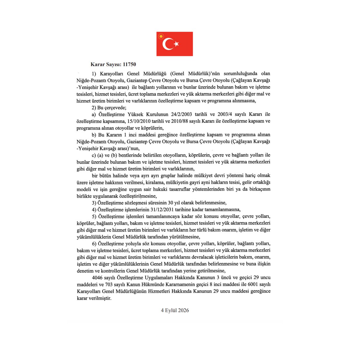 bosunatiklama's tweet photo. Resmi Gazete'de yayınlanan kararla birlikte 30 yıllığına özelleştirilme programına alınanlar:

• 15 Temmuz Şehitler Köprüsü
• Fatih Sultan Mehmet Köprüsü
• KGM Avrupa Otoyolu
• KGM Anadolu Otoyolu
• İzmir-Aydın Otoyolu
• İzmir-Çeşme Otoyolu
• Niğde-Mersin-Adana (Batı) Otoyolu
• Adana (Doğu)-Gaziantep (Batı) Otoyolu
• Gaziantep (Doğu)-Şanlıurfa Otoyolu
• Toprakkale-İskenderun Otoyolu
• Bursa Çevre Otoyolu (Çağlayan kavşağı-Yenişehir kavşağı)
• Gaziantep Çevre Otoyolu