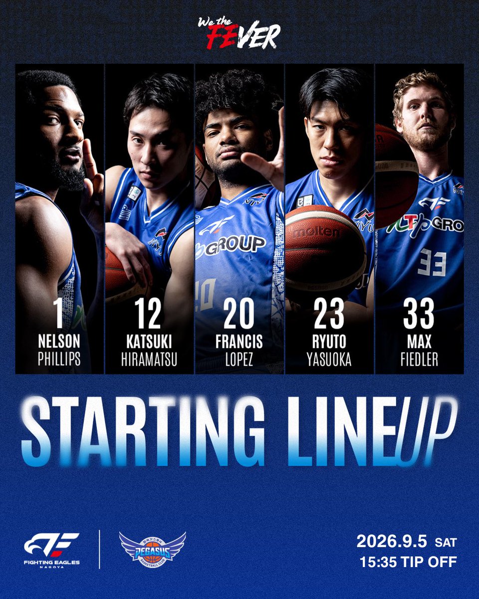 FE_758's tweet photo. 【FE名古屋 スターティング5🦅💙】

🕐9/5(土)15:35 TIP OFF
🆚大邱韓国ガス公社ペガサス
📍名古屋市枇杷島スポーツセンター

#ネルソン・フィリップス
#平松克樹
#フランシス・ロペス
#保岡龍斗
#マックス・フィードラー 

#FE名古屋 #FEVER #Ｂリーグ https://t.co/gQhGmNYkLN