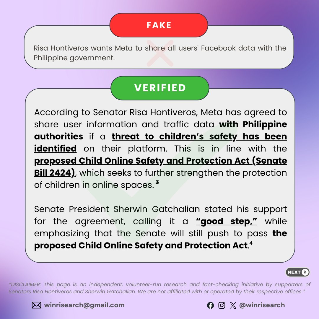 WinRisearch's tweet photo. OH, FACT-CHECK MUNA TAYO BAGO MA-FALL!

A claim has been circulating that Sen. Risa Hontiveros wants Meta to share Facebook users' data with the Philippine government.

FACT-CHECK: MISLEADING

Meta agreed to share relevant user data with Philippine authorities in specific cases involving threats to children's safety and online abuse, subject to applicable legal procedures. This does not mean blanket access to everyone's Facebook data.

Swipe through the slides for the full context and sources. #WinRisibo