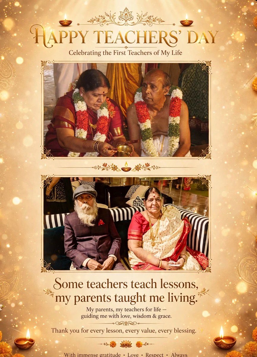 LakshmiRIyer's tweet photo. Happy Teachers’ Day, Amma &amp; Appa. ❤️
Everything I am carries a piece of you.

Forever my first teachers.
Forever my home. ❤️
I wish I could hear your voices today,
just once, and say… thank you.

I miss you both.🫰✨

#HappyTeachersDay #AmmaAndAppa #MyFirstTeachers https://t.co/RoUJBs9kXM