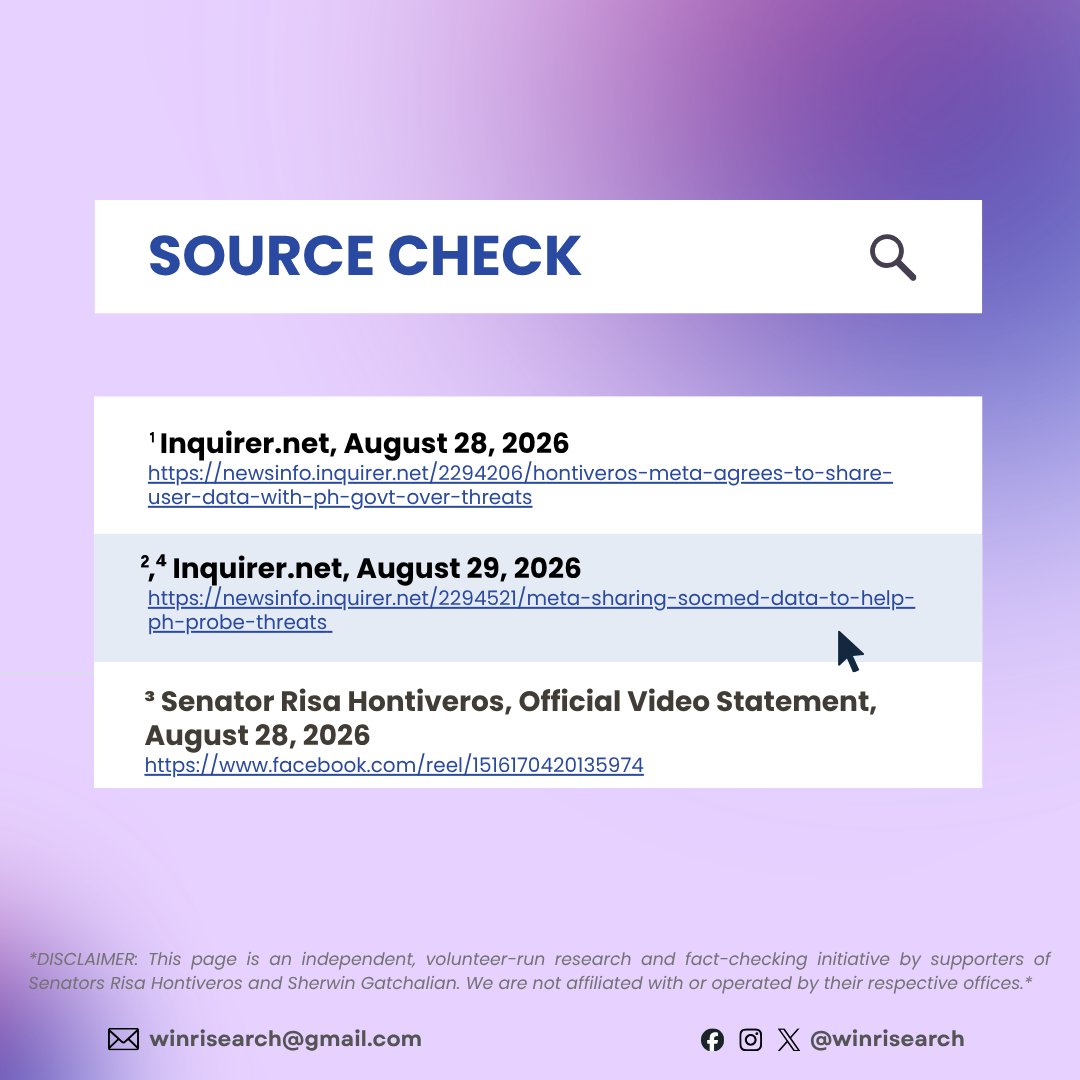 WinRisearch's tweet photo. OH, FACT-CHECK MUNA TAYO BAGO MA-FALL!

Adunay nagkatag nga pahayag nga gusto ni Sen. Risa Hontiveros nga ipaambit sa Meta ang datos sa mga user sa Facebook ngadto sa gobyerno sa Pilipinas.

FACT-CHECK: MISLEADING

Misugot ang Meta nga ipaambit ang datos ngadto sa mga awtoridad sa Pilipinas patungod sa mga indibidwal nga nalambigit sa hulga sa kaluwasan sa mga bata ug online abuse, subay sa legal nga mga pamaagi ug mga balaod. Wala kini nagpasabot nga ang tibuok datos sa mga tiggamit sa Facebook ang maakses sa gobyerno.

Ang kompleto nga konteksto ug mga tinubdan makita sa sumusunod nga litrato. #WinRisibo
