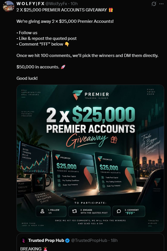 giveawaypolice1's tweet photo. There are actually three accounts @sid_traderz, @Mukul_FX, and @WolfyyFx  that simultaneously spam post the exact same fake prop firm giveaways across all three pages, yet they never declare any winners.

Hard avoid all of these scammers. https://t.co/Hyjj5kht2Z