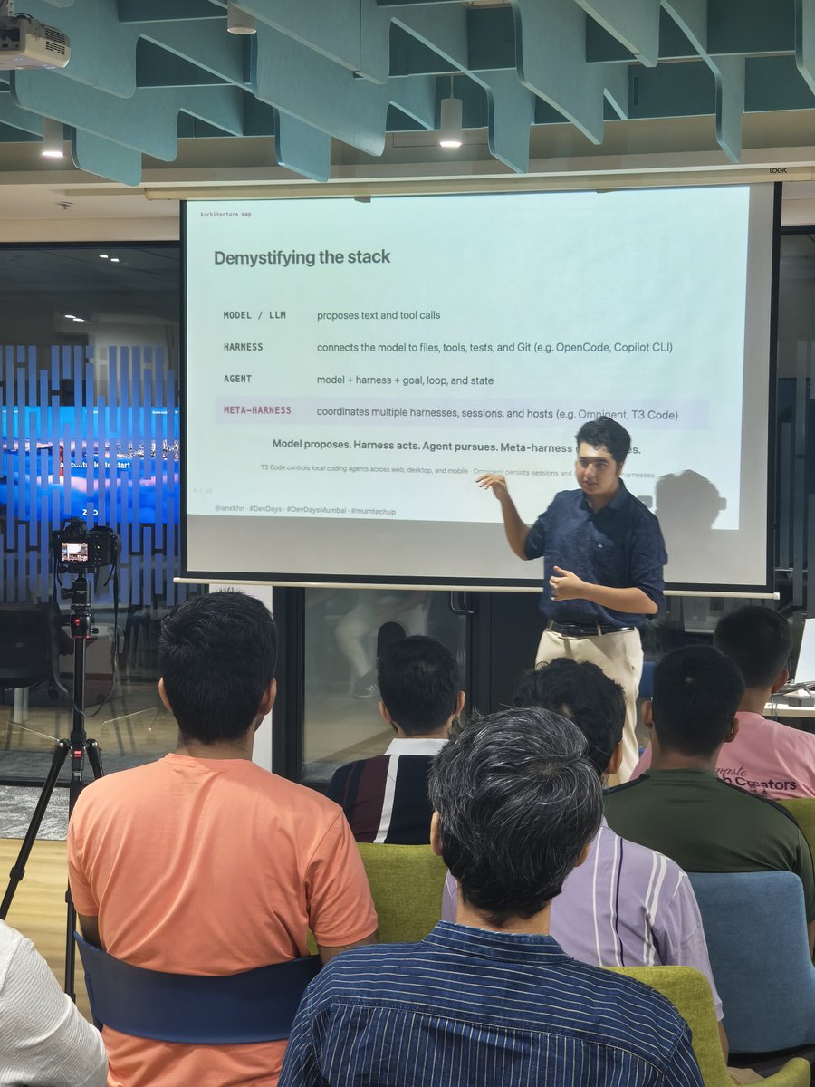 VKundar73526's tweet photo. DevDays session 01 @AnxKhn
Learning about Meta Harnesses - Omnigent AI, so you don't need to worry about transferring chats between models for context!
#DevDaysMumbai #mumtechup #sept26mtp https://t.co/akfWuT1VDo