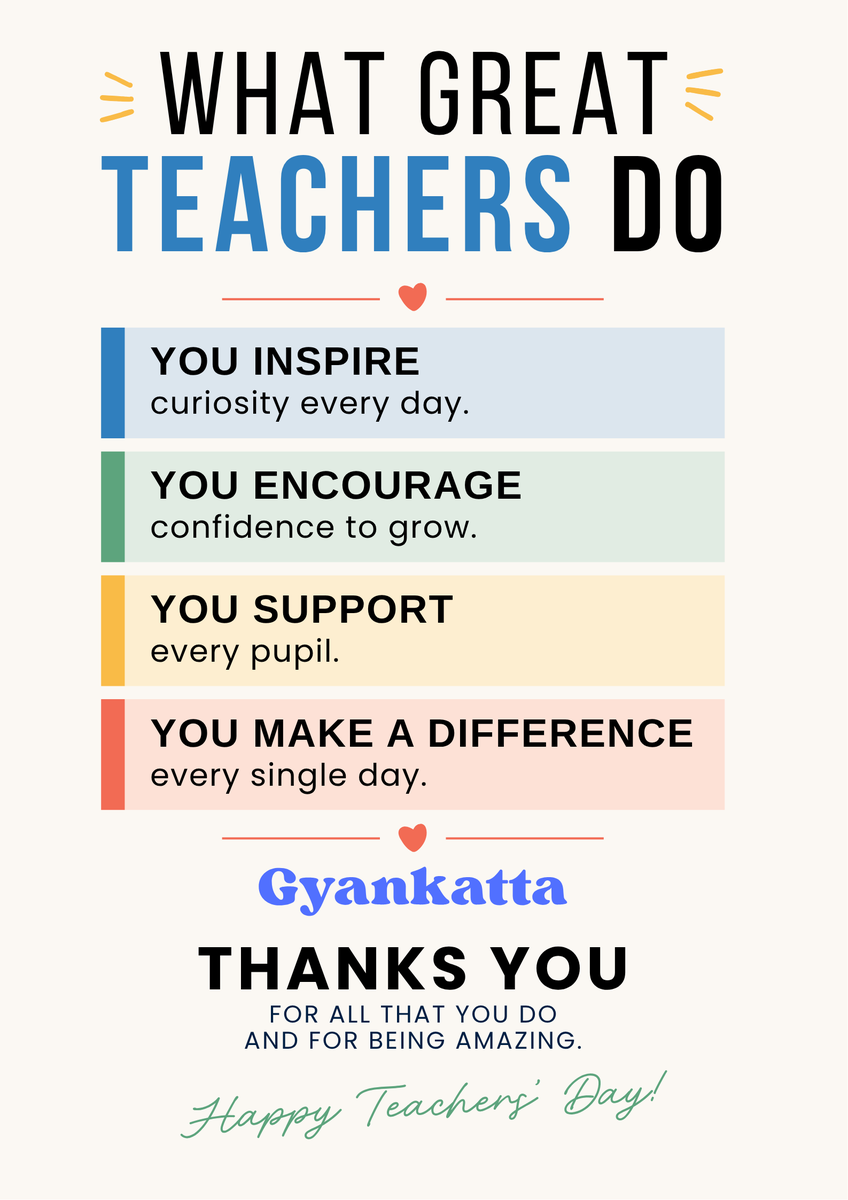 Gyankatta's tweet photo. Inspire curiosity. Support every pupil. Encourage confidence. Make a difference every day.

Happy Teachers’ Day from Gyankatta! Thank you for all that you do – and for being amazing. 🙏📚

#TeachersDay #Gyankatta #ThankATeacher https://t.co/SpAzCdCCzj