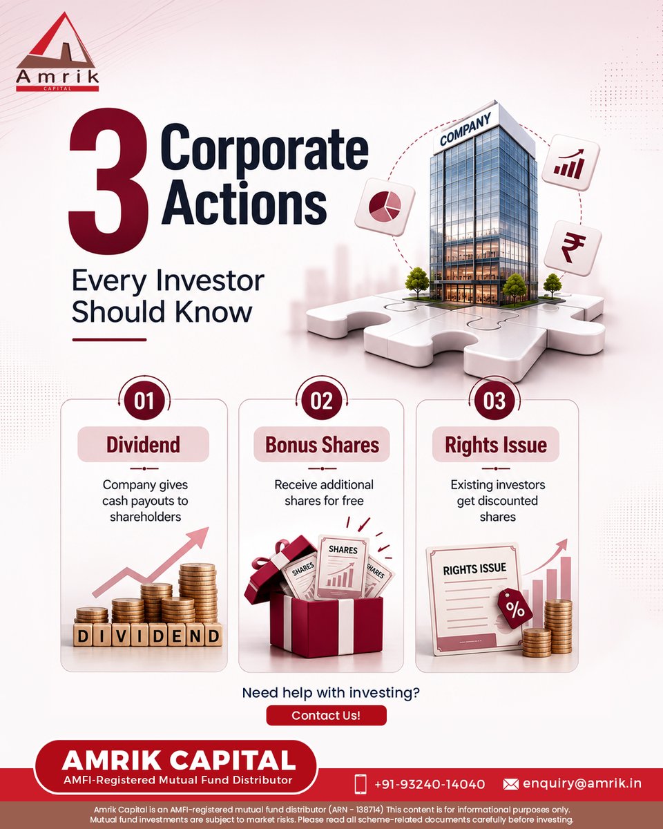 AmrikCapital's tweet photo. Corporate actions can impact your investments. 📊

💰 Dividends | 🎁 Bonus Shares | 📈 Rights Issues
For NRIs, always check eligibility, FEMA rules, taxes &amp; repatriation terms.

📞 +91 9324 014040
📧 enquiry@amrik.in
#CorporateActions #BonusShares #Dividends #RightsIssue #NRIs https://t.co/DegAXS5zK7