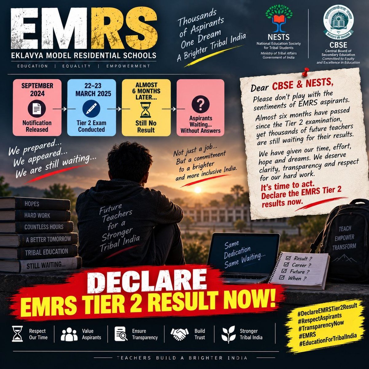 MonikaKhat55b9's tweet photo. Candidates have waited long enough. We deserve transparency and a clear timeline. Please stop delaying and DECLARE THE EMRS TIER-2 RESULT NOW!
@TribalAffairsIn @NESTSHQ @cbseindia29 @EduMinOfIndia @JoshiPralhad @jualoram 
#EMRSResultDeclare #DeclareEMRSResult #EMRSTier2Result https://t.co/51C4V2yNgp