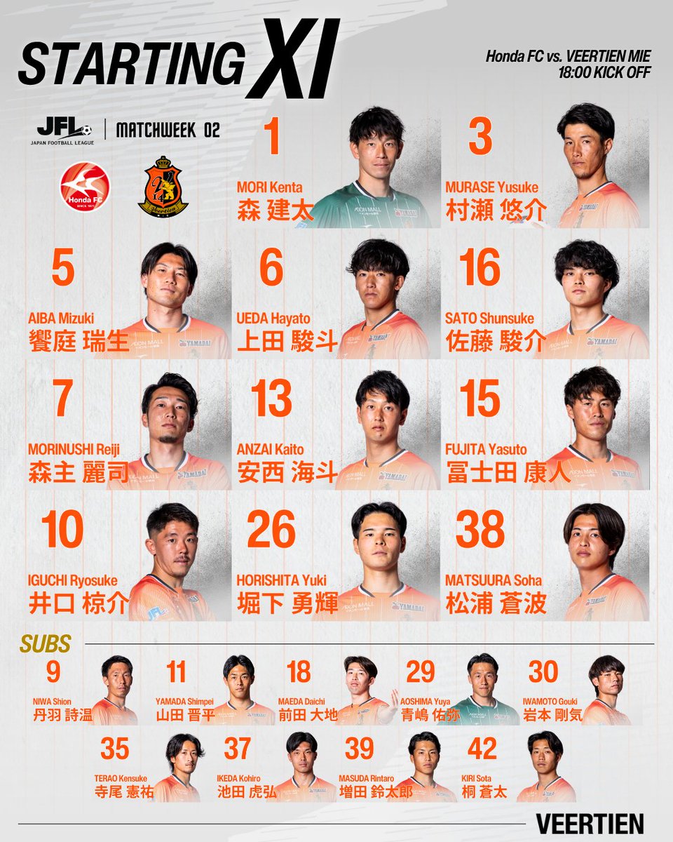 Veertien_TSC's tweet photo. ⚽𝙎𝙏𝘼𝙍𝙏𝙄𝙉𝙂 𝙓𝙄

本日のメンバー🔥

🏆#JFL 第2節
🗓9/5(土)18:00K.O.
🆚#HondaFC
🏟Honda都田サッカー場

📡LIVE配信
 https://t.co/kvfX08zHs3

#STARTINGXI #ヴィアティン三重 https://t.co/slXyOpjlbi