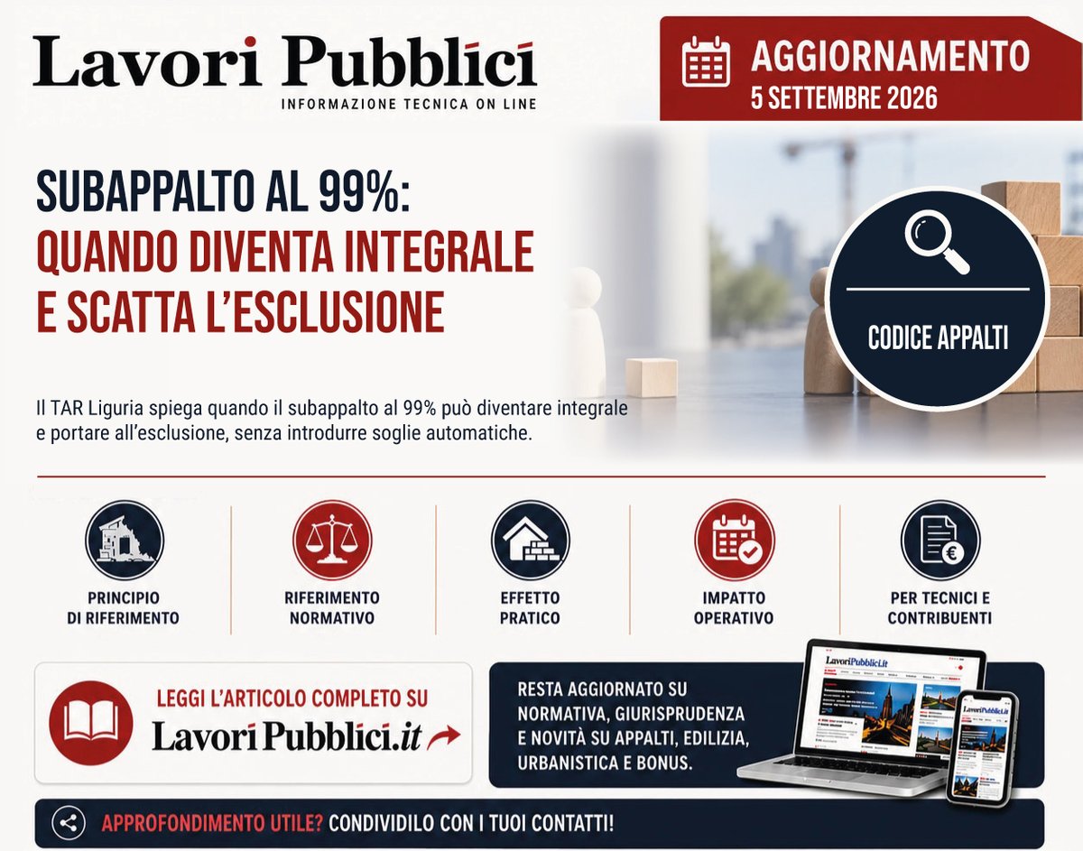 LavoriPubblici's tweet photo. 📑 Subappalto dichiarato al 99% della prestazione qualificante, l'esclusione è automatica oppure va guardato l'assetto esecutivo proposto in gara? Il TAR Liguria è tornato sul confine con il subappalto integrale #appaltipubblici #LavoriPubblici
https://t.co/0H7cyOhiTJ https://t.co/X1UsZ6OZ5Q