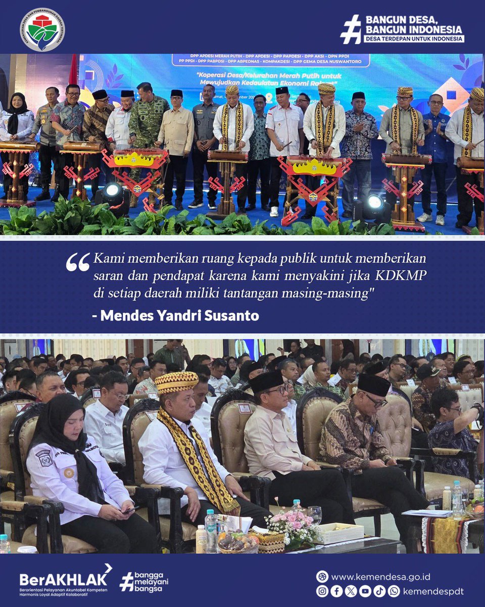 kemendespdt's tweet photo. Ruang publik dibuka untuk memastikan Koperasi Desa/Kelurahan Merah Putih (KDKMP) dipahami dengan tepat dan terus disempurnakan sesuai tantangan di setiap daerah.

Mendes PDT Yandri Susanto menegaskan, Seminar Nasional KDKMP di Lampung menjadi ruang untuk bertukar pandangan, https://t.co/atVU3bQrSL