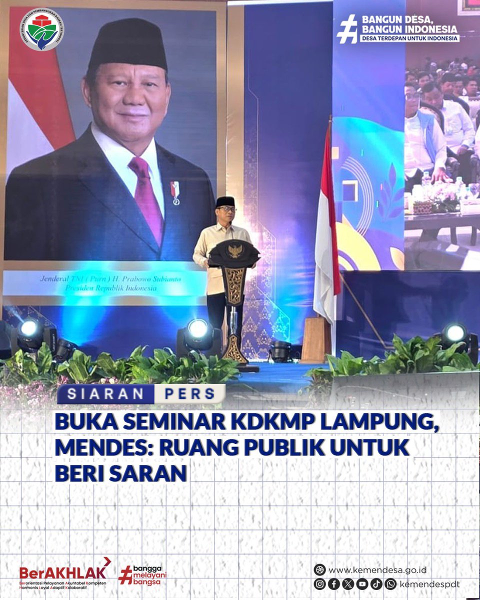 kemendespdt's tweet photo. Ruang publik dibuka untuk memastikan Koperasi Desa/Kelurahan Merah Putih (KDKMP) dipahami dengan tepat dan terus disempurnakan sesuai tantangan di setiap daerah.

Mendes PDT Yandri Susanto menegaskan, Seminar Nasional KDKMP di Lampung menjadi ruang untuk bertukar pandangan, https://t.co/atVU3bQrSL