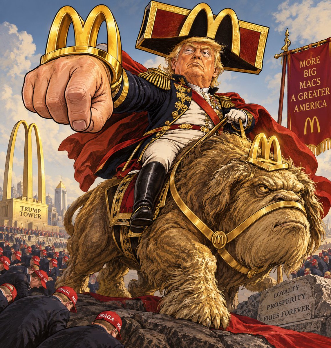 Voicefromwithin's tweet photo. Trumpelstiltzchen extravaganza, thanks to ChatGPT, Gemini, Grog and..I can't recall too many AI. What's with that love for McDonalds arches? Who said the billionaires are his friends? https://t.co/rBgbuoqJES