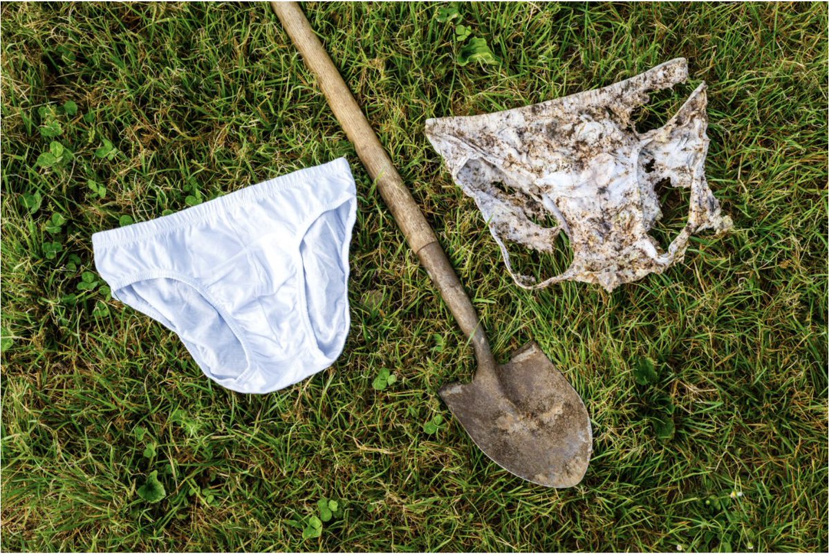 Doranimated's tweet photo. Scientists in Switzerland have busied themselves with burying underpants and then noting the different rates of underwear decomposition.  They are doing this to make a stupid point, which bores me, so I am not going to tell you what it is.  But their attempt to get attention with underwear is amusing.