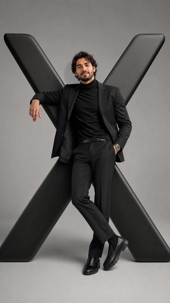 meAsifAi's tweet photo. Created with @grok 
prompt :
A hyper-realistic editorial photograph of a stylish man confidently interacting with the oversized logo of [ X ]. The logo is minimalist, sculptural, and rendered in smooth matte 3D with soft rounded edges. The man wears a couture-inspired menswear outfit designed to match the colors, mood, and emotional identity of the app — tailored fashion, modern textures, premium layered styling, and luxury accessories. He is posed naturally as if becoming part of the logo structure itself: leaning, sitting, standing within, or touching the logo in an artistic way. Soft cinematic studio lighting, subtle shadows, centered composition, premium minimalist aesthetic, conceptual fashion photography, ultra realistic skin and fabric details, neutral light gray background, luxury magazine editorial style, emotional visual storytelling, clean modern atmosphere, high-end fashion campaign energy. Extra Masculine Style Variations Tech / AI Apps Futuristic streetwear Monochrome palette Cyberpunk rim light Sleek sneakers & metallic accessories Luxury / Finance Apps Tailored black suit Minimal gold accents Calm confident pose Moody cinematic shadows Music / Creative Apps Oversized fashion styling Edgy layered clothing Dramatic expression Experimental poses Fitness Apps Athletic couture outfit Strong masculine posture Sharp directional lighting Sculpted physique emphasis Advanced Cinematic Add-ons You can also add: shot on Hasselblad X2D 85mm lens f/1.8 depth of field volumetric soft light editorial Vogue campaign style ultra detailed fabric textures museum-grade minimalist composition Changes clothes according to X logo color