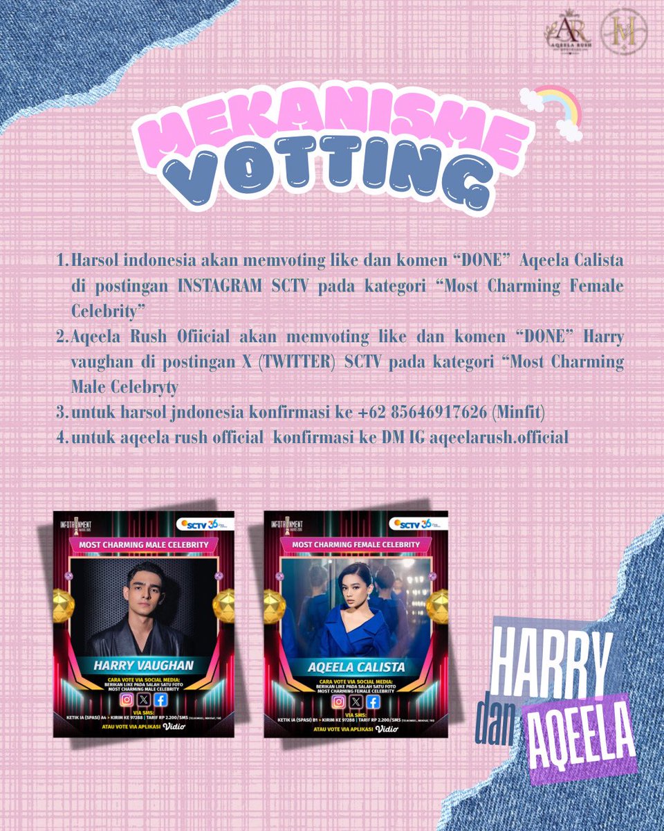 nishaauni's tweet photo. ✨ VOTING COLLABORATION ✨

HarSoul Indonesia × AqeelaRush Official 💗💙

💙 HARRY VAUGHAN
➡️ Vote melalui X (Twitter) SCTV
➡️ Kategori: Most Charming Male Celebrity

💗 AQEELA CALISTA
➡️ Vote melalui Instagram SCTV
➡️ Kategori: Most Charming Female Celebrity https://t.co/AYzcCsqCWz