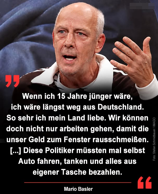 DirtyHarry_tv's tweet photo. Mario  Basler hat in einem aktuellen Video deutliche Kritik an der politischen  Entwicklung in Deutschland geübt. Der frühere Fußball-Nationalspieler  sagte, er wäre „schon längst weg aus Deutschland“, wenn er 15 Jahre  jünger wäre, obwohl er sein Land liebe. Besonders kritisierte Basler den  Umgang der Politik mit dem Geld arbeitender Menschen und erklärte: „Wir  können doch nicht nur arbeiten gehen, damit die unser Geld zum Fenster  rausschmeißen.“

Politiker müssten  seiner Ansicht nach stärker mit den alltäglichen Kosten der Bürger  konfrontiert werden und beispielsweise selbst Auto fahren, tanken und  ihre Ausgaben aus eigener Tasche bezahlen. 

In  dem Video kritisiert Basler außerdem sarkastisch, dass für Angela  Merkel weiterhin Kosten für Friseur- und Visagistenleistungen aus  öffentlichen Mitteln übernommen werden. Insgesamt äußert Basler  deutliche Unzufriedenheit mit der politischen Entwicklung Deutschlands  und der finanziellen Belastung vieler Menschen.