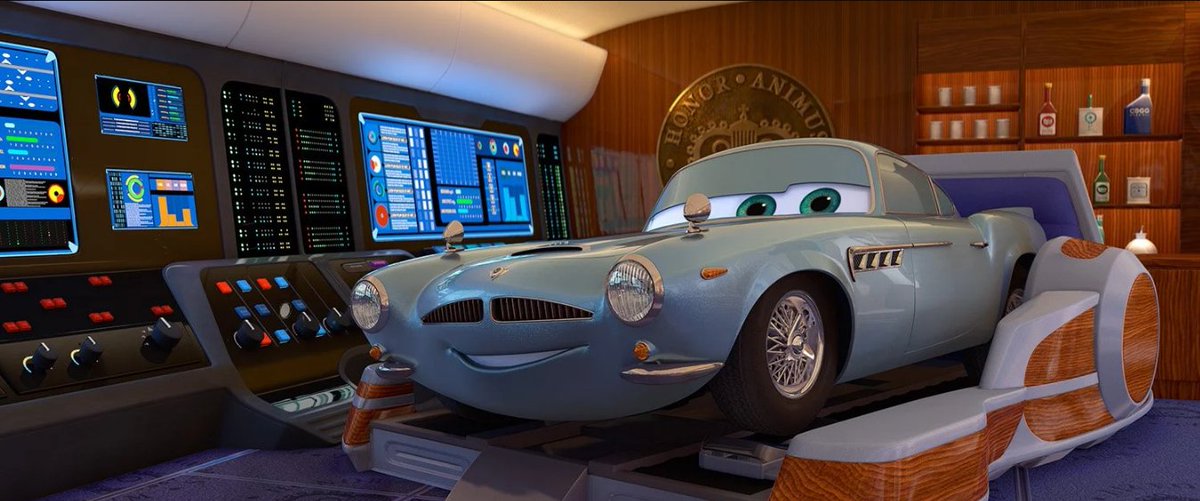 Pixar's tweet photo. Finn McMissile was originally conceived for “Cars,” as a character in a spy film that Lightning McQueen and Sally watch while on a date at a drive-in movie theater. While that scene was cut, the Director never forgot the character and so revived Finn McMissile for the action-packed spy story in “Cars 2.”