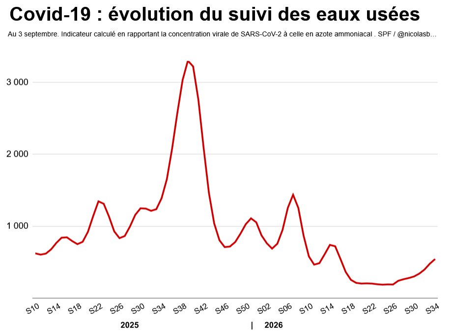 nicolasberrod's tweet photo. 📈 Le signal est désormais net : 𝗱𝗲𝗯𝘂𝘁 𝗱'𝘂𝗻𝗲 𝗻𝗼𝘂𝘃𝗲𝗹𝗹𝗲 "𝘃𝗮𝗴𝘂𝗲" épidémique de #Covid19, avec une reprise à la hausse de la circulation virale dans les eaux usées.

Mais on part de très bas, et impossible de prédire à quel point elle va culminer. https://t.co/SjxVYbdo5B