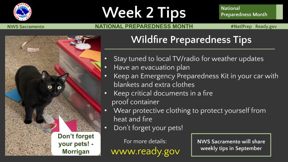 NWSSacramento's tweet photo. Week 2 tips: If a wildfire occurred, would you be prepared? Stay informed and have an emergency preparedness kit ready. #NatlPrep #CAwx https://t.co/YdfQEDaefd