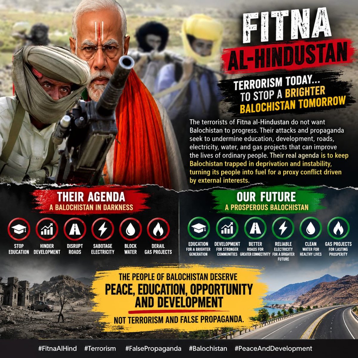 Kareema_Zehri's tweet photo. Fitna al-Hindustan seeks to derail Balochistan,s progress through violence and popaganda. Balochistan deserves education, development, opportunity and lasting peace-not terrorism and instability.
#Balochistan #PeaceAndDevelopment #CounterTerrorism #FalsePropaganda https://t.co/8e1c1E0cuN